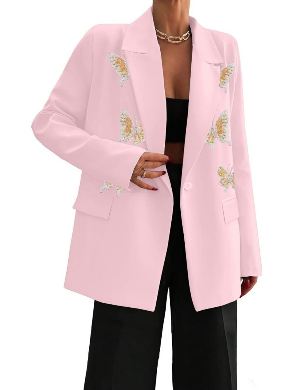 Chic Women's Blazer - Business Casual Notched Collar with Butterfly Appliques